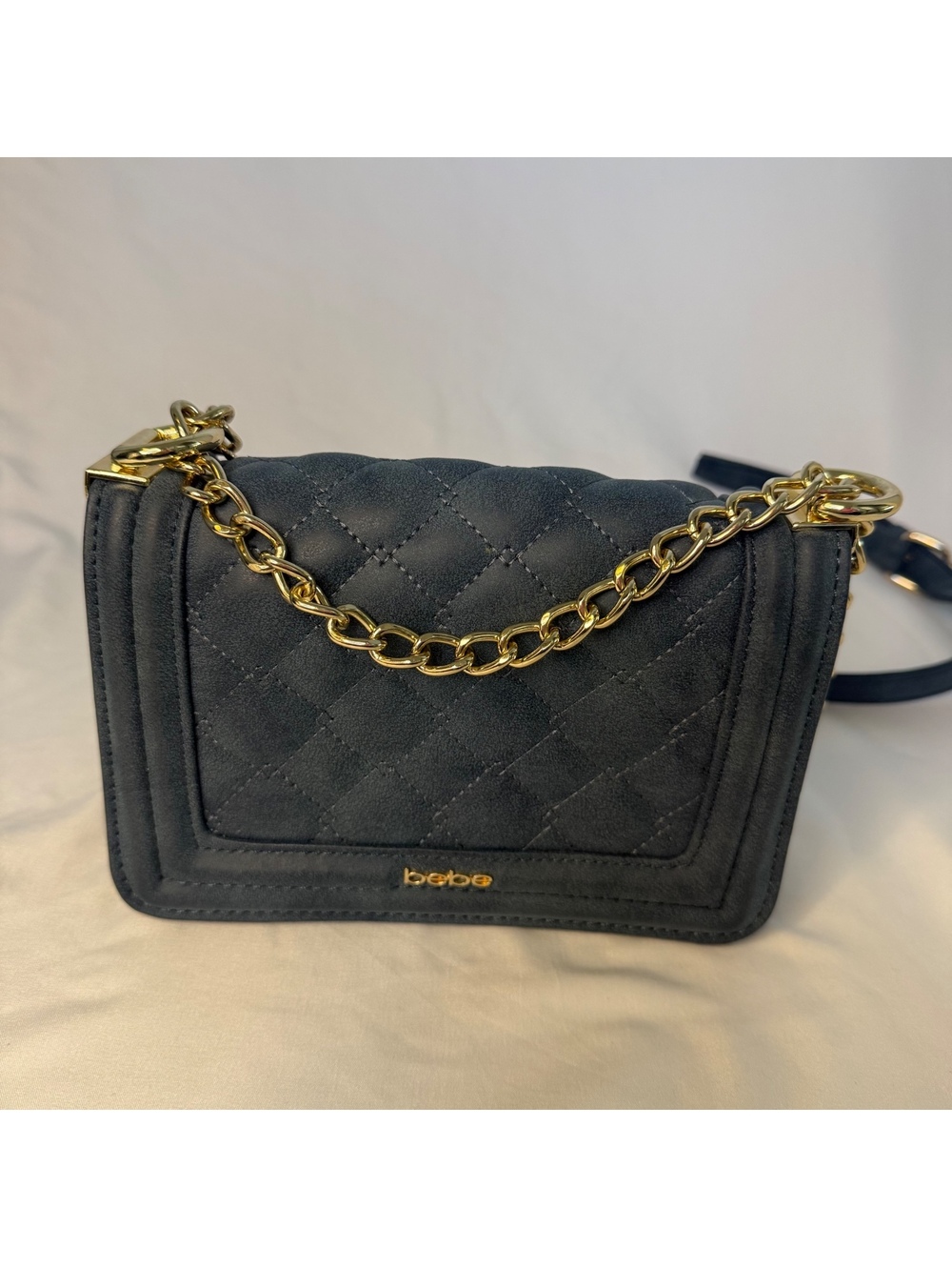bebe Quilted Navy Crossbody Bag with Gold Chain Strap